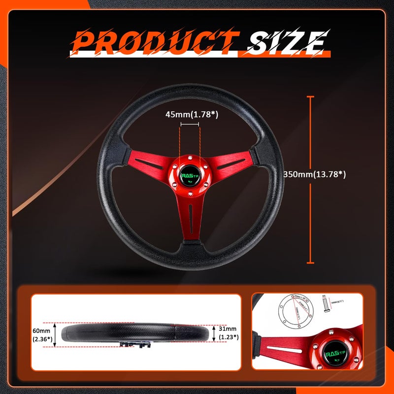 RASTP Universal Racing Steering Wheel 13.8â€/350mm 6 Bolts Grip Vinyl Leather & Aluminum with Horn Button for Car -Red - Image 5